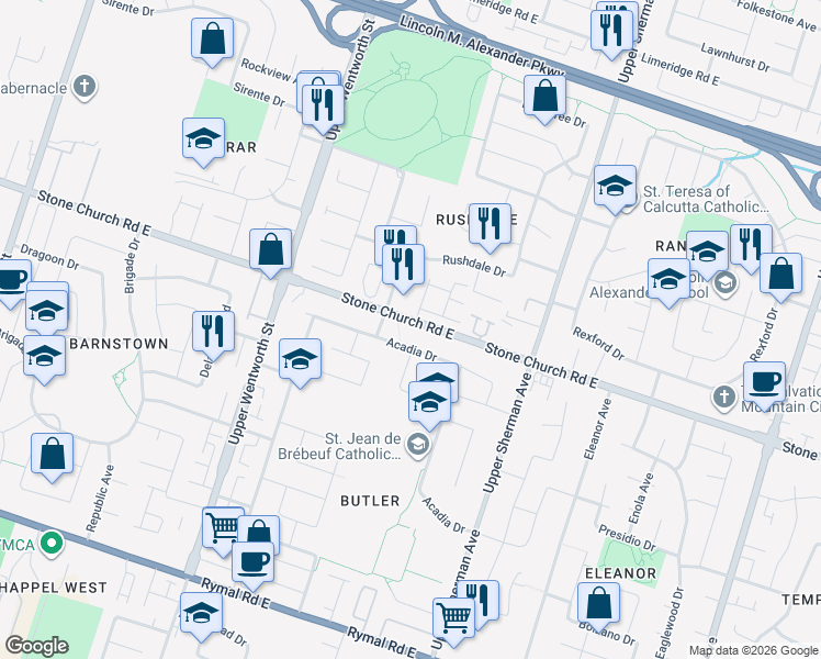 map of restaurants, bars, coffee shops, grocery stores, and more near in Hamilton