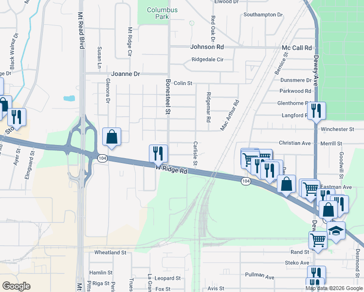 map of restaurants, bars, coffee shops, grocery stores, and more near 65 Everett Street in Rochester