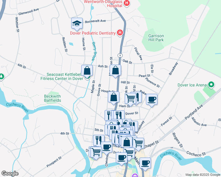 map of restaurants, bars, coffee shops, grocery stores, and more near 45 Mount Vernon Street in Dover