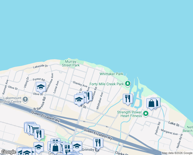 map of restaurants, bars, coffee shops, grocery stores, and more near 48 Lakeview Avenue in Grimsby