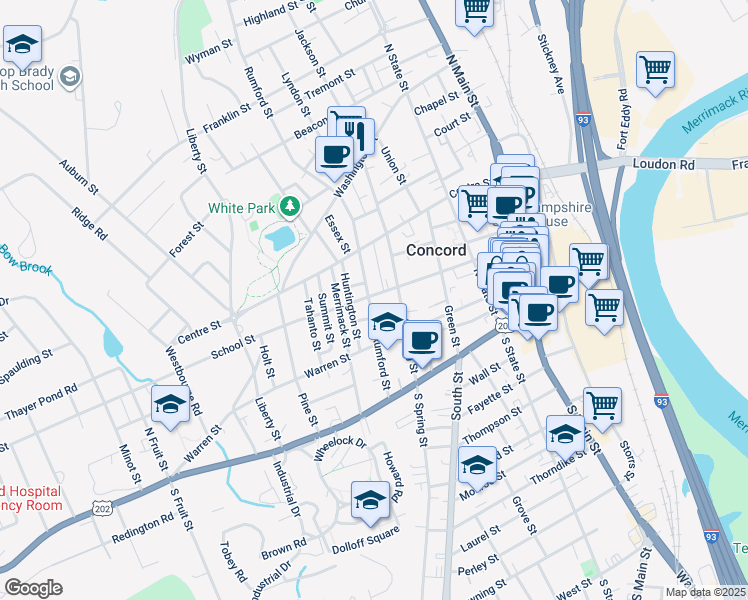 map of restaurants, bars, coffee shops, grocery stores, and more near 42 Rumford Street in Concord