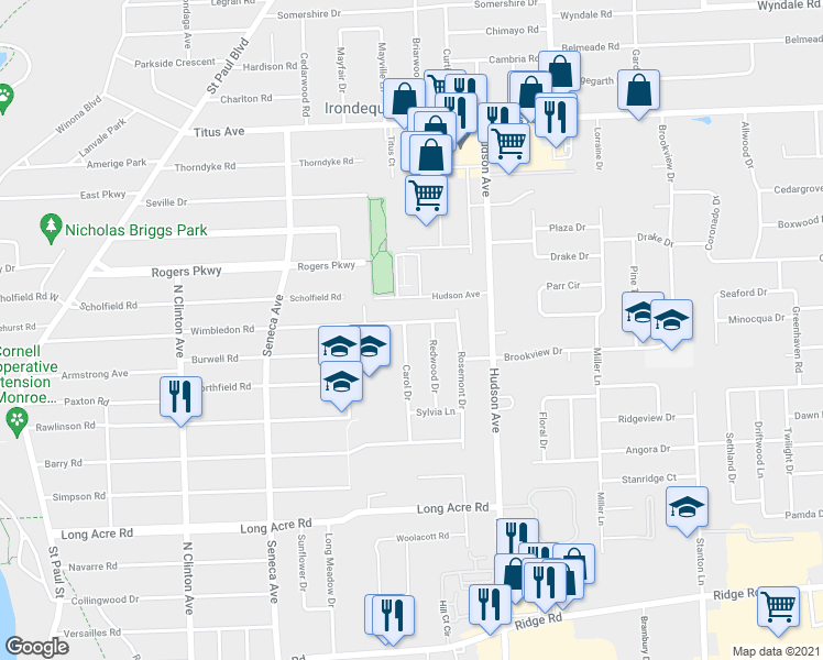 map of restaurants, bars, coffee shops, grocery stores, and more near 154 Carol Drive in Rochester