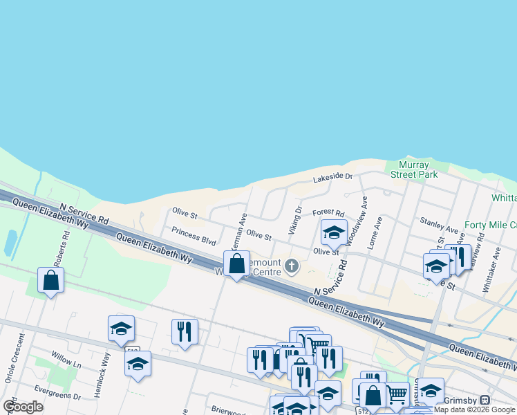 map of restaurants, bars, coffee shops, grocery stores, and more near 156 Lakeside Drive in Grimsby