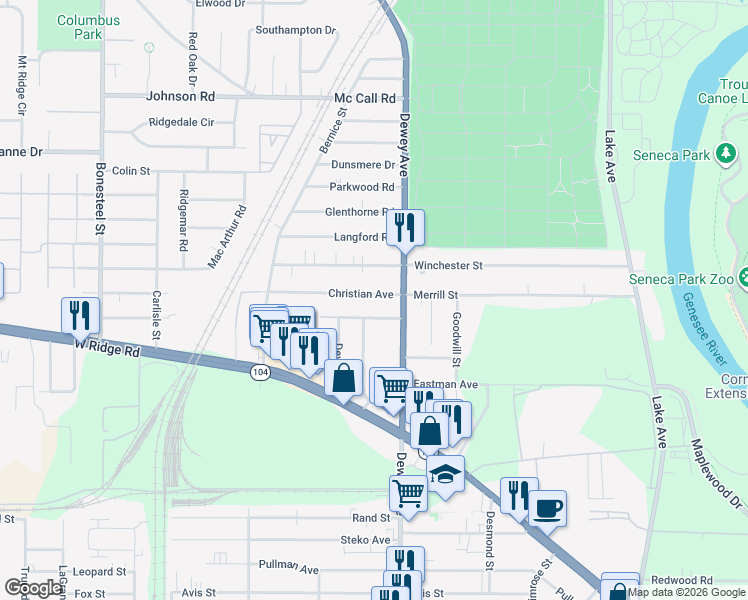 map of restaurants, bars, coffee shops, grocery stores, and more near 39 Christian Avenue in Rochester