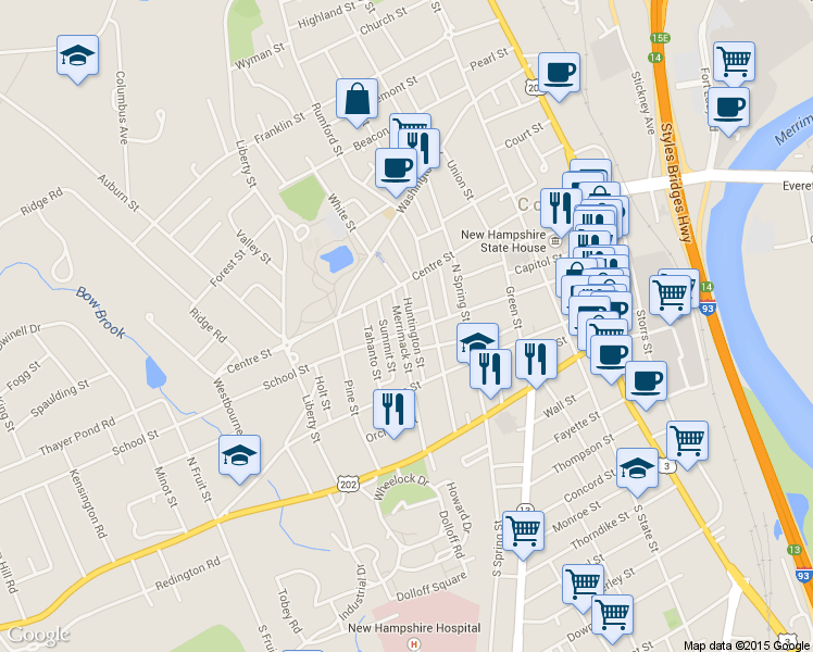 map of restaurants, bars, coffee shops, grocery stores, and more near 76 School Street in Concord