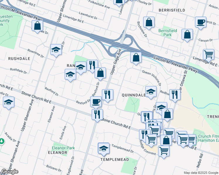 map of restaurants, bars, coffee shops, grocery stores, and more near 1285 Upper Gage Avenue in Hamilton