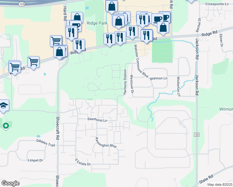 map of restaurants, bars, coffee shops, grocery stores, and more near 1195 Rousseau Drive in Webster