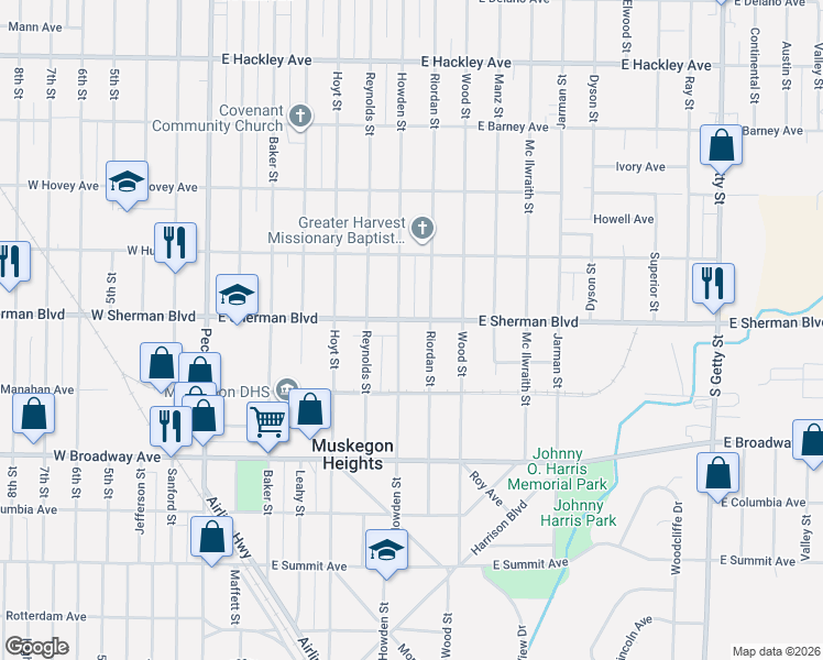 map of restaurants, bars, coffee shops, grocery stores, and more near 307 East Sherman Boulevard in Muskegon Heights