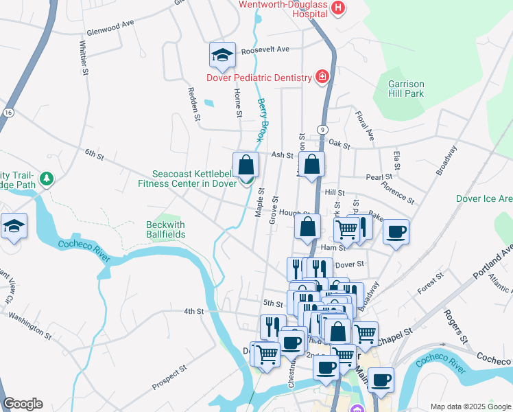 map of restaurants, bars, coffee shops, grocery stores, and more near 32 Hough Street in Dover