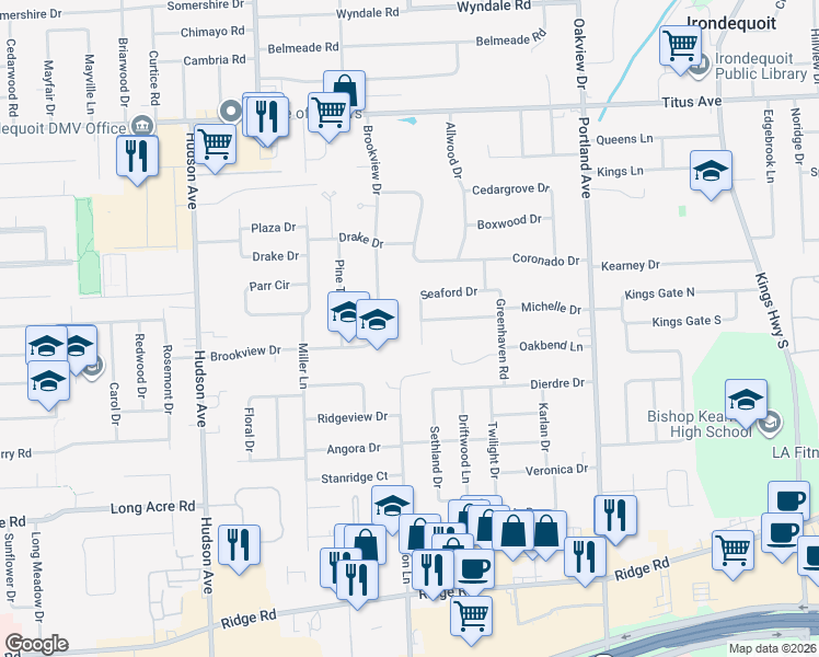 map of restaurants, bars, coffee shops, grocery stores, and more near 25 Minocqua Drive in Irondequoit