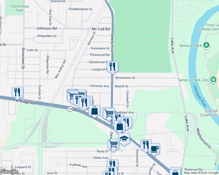 map of restaurants, bars, coffee shops, grocery stores, and more near 2005 Dewey Avenue in Rochester