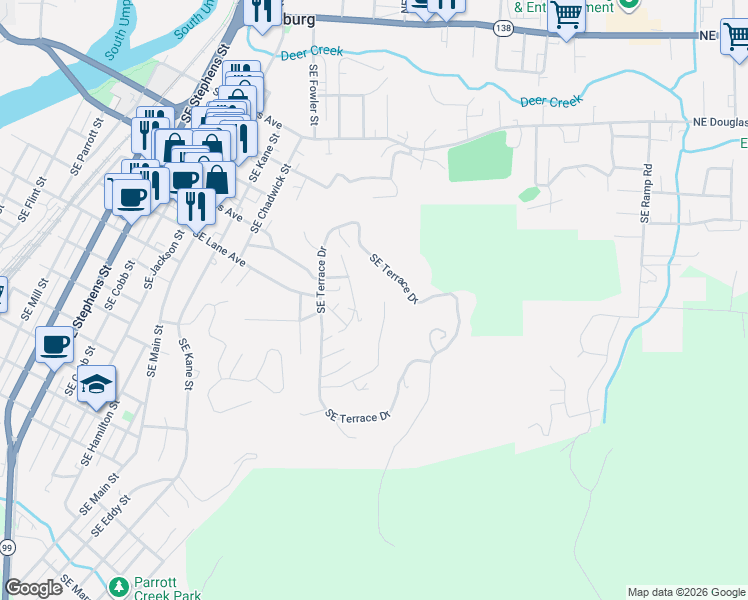 map of restaurants, bars, coffee shops, grocery stores, and more near 1393 Southeast Laurel Court in Roseburg