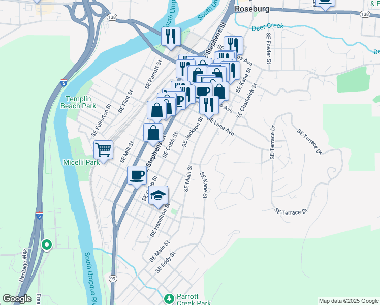 map of restaurants, bars, coffee shops, grocery stores, and more near 1054 Southeast Main Street in Roseburg