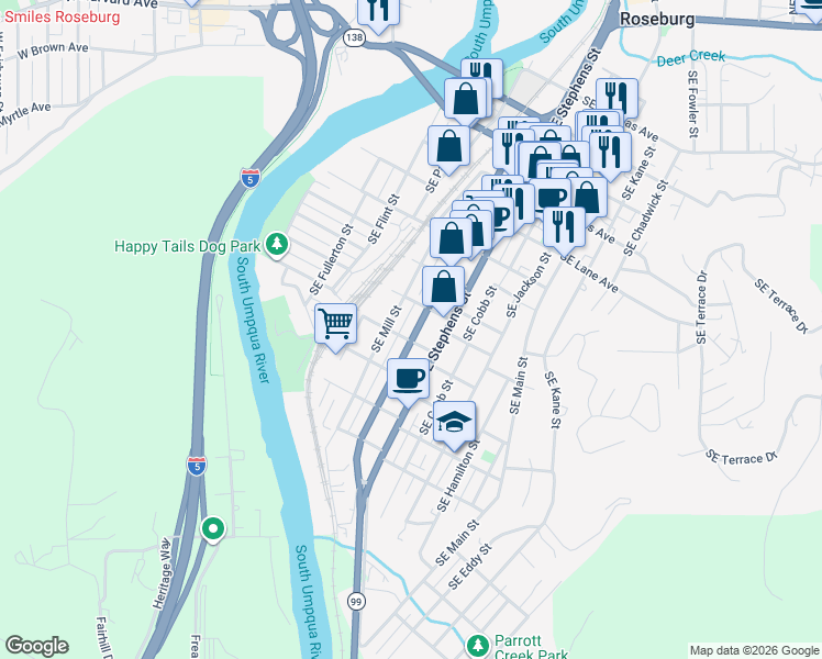 map of restaurants, bars, coffee shops, grocery stores, and more near 1268 Southeast Pine Street in Roseburg