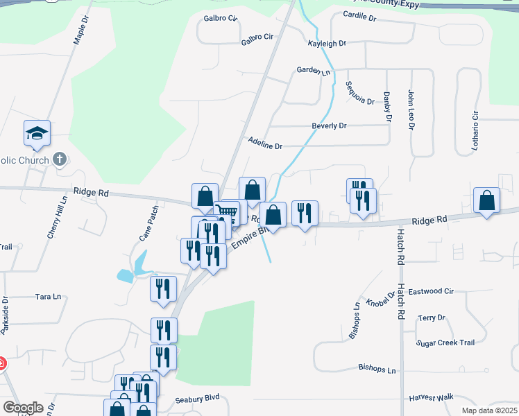 map of restaurants, bars, coffee shops, grocery stores, and more near 626 Ridge Road in Webster