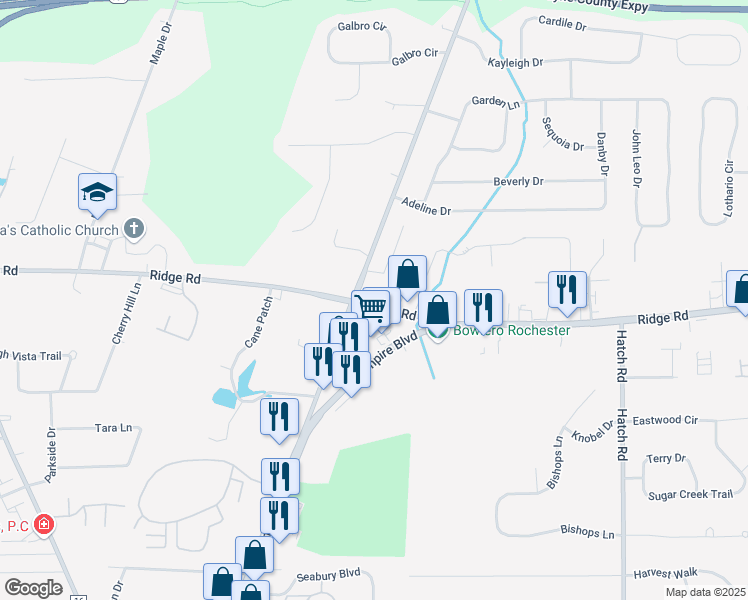 map of restaurants, bars, coffee shops, grocery stores, and more near 1043 Gravel Road in Webster