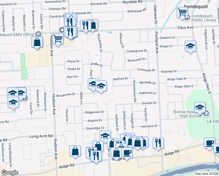 map of restaurants, bars, coffee shops, grocery stores, and more near 25 Minocqua Drive in Irondequoit