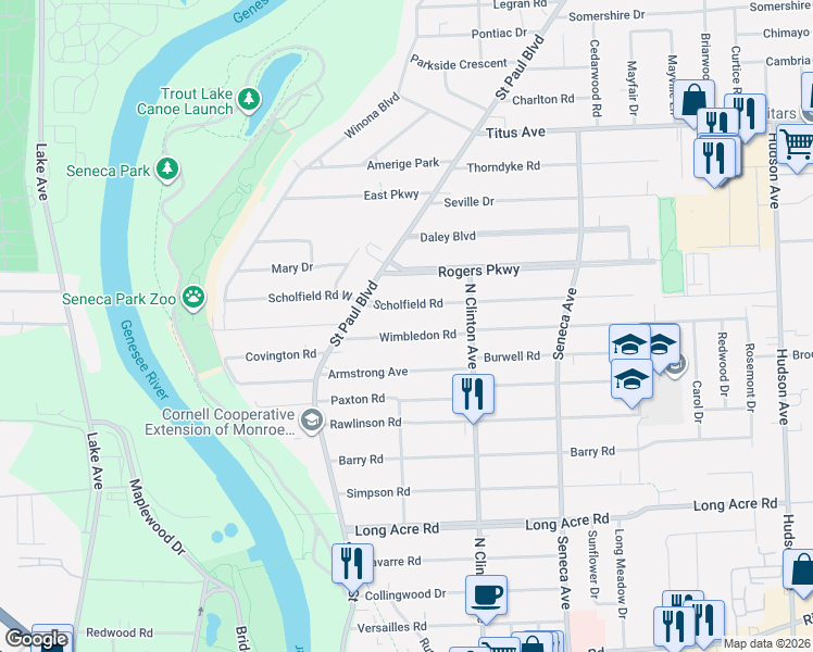 map of restaurants, bars, coffee shops, grocery stores, and more near 74 Wimbledon Road in Irondequoit
