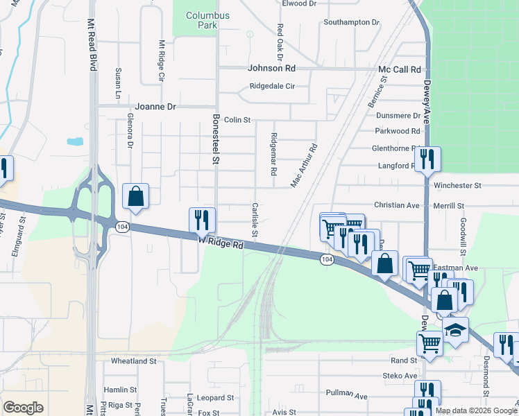 map of restaurants, bars, coffee shops, grocery stores, and more near 66 Carlisle Street in Rochester