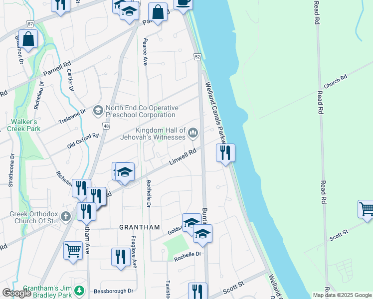 map of restaurants, bars, coffee shops, grocery stores, and more near 493 Linwell Road in St. Catharines