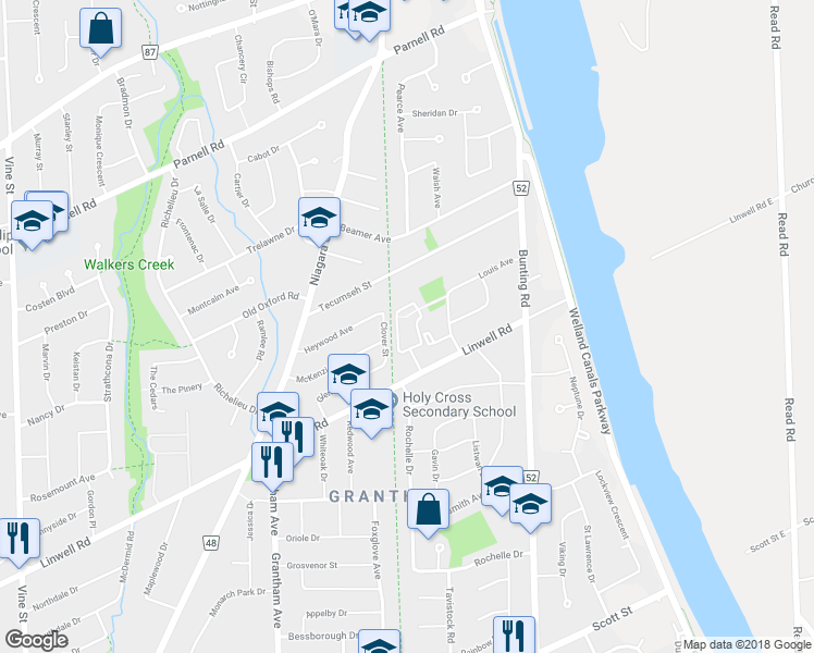 map of restaurants, bars, coffee shops, grocery stores, and more near in St. Catharines