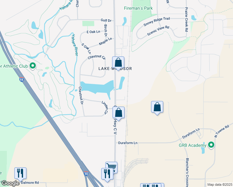 map of restaurants, bars, coffee shops, grocery stores, and more near 6512 Lake Road in Windsor