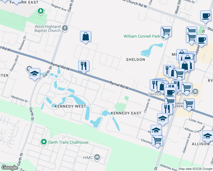 map of restaurants, bars, coffee shops, grocery stores, and more near 11 Westlawn Drive in Hamilton