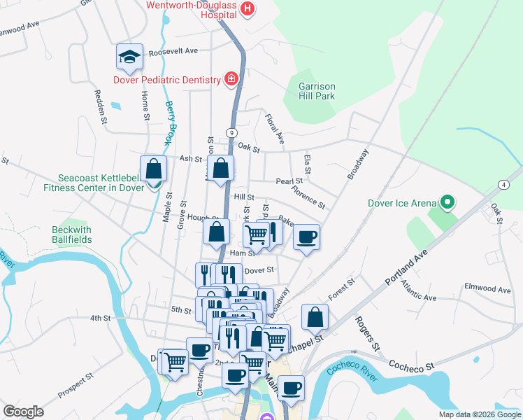 map of restaurants, bars, coffee shops, grocery stores, and more near 48 East Concord Street in Dover
