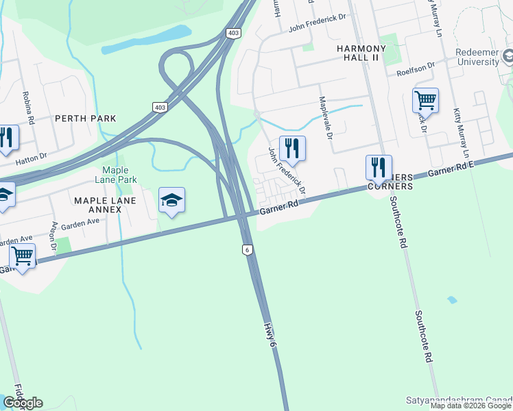 map of restaurants, bars, coffee shops, grocery stores, and more near 389 Garner Road East in Hamilton