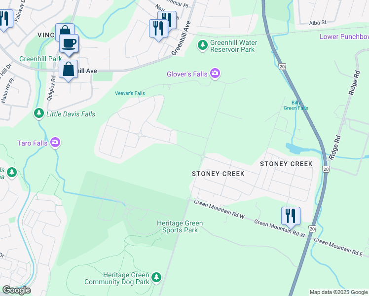 map of restaurants, bars, coffee shops, grocery stores, and more near Bedrock Drive in Hamilton