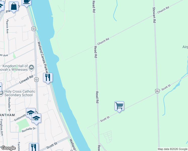 map of restaurants, bars, coffee shops, grocery stores, and more near 254 Read Road in St. Catharines