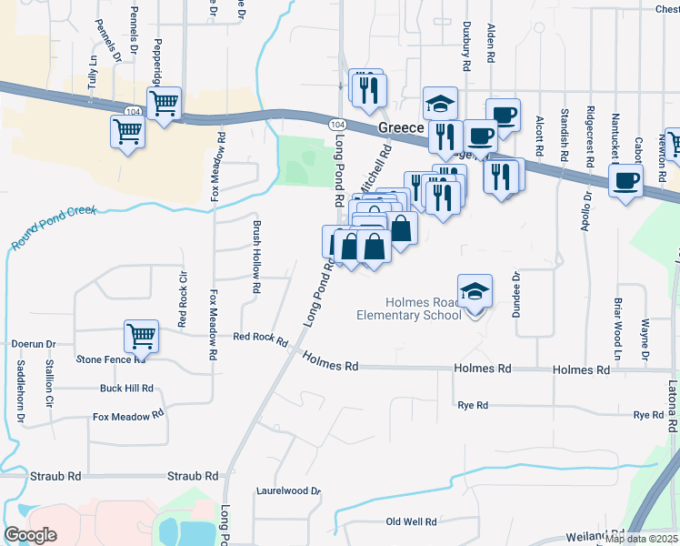 map of restaurants, bars, coffee shops, grocery stores, and more near 304 Greece Ridge Center Drive in Rochester