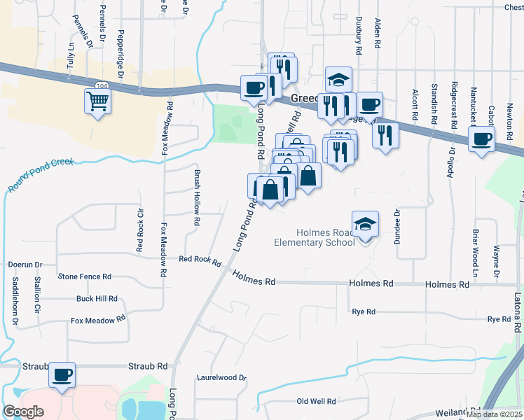 map of restaurants, bars, coffee shops, grocery stores, and more near Ridge Road West & Greece Ridge Center Drive & The Mall at Greece Ridge Center in Rochester