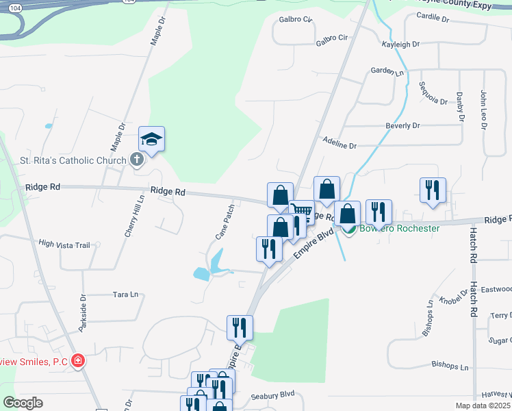 map of restaurants, bars, coffee shops, grocery stores, and more near 575 Ridge Road in Webster