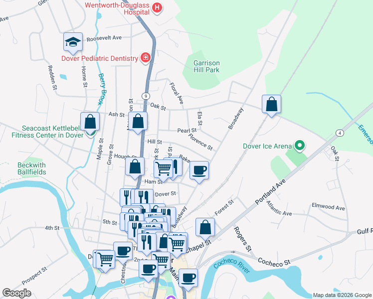 map of restaurants, bars, coffee shops, grocery stores, and more near 29 Baker Street in Dover