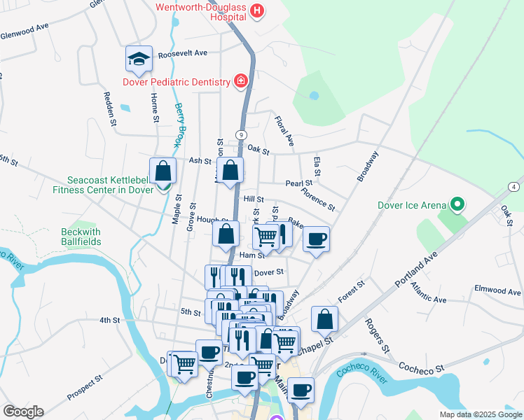 map of restaurants, bars, coffee shops, grocery stores, and more near 48 East Concord Street in Dover