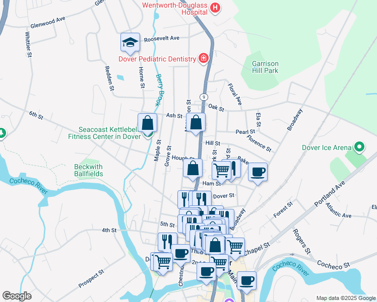 map of restaurants, bars, coffee shops, grocery stores, and more near 45 Mount Vernon Street in Dover