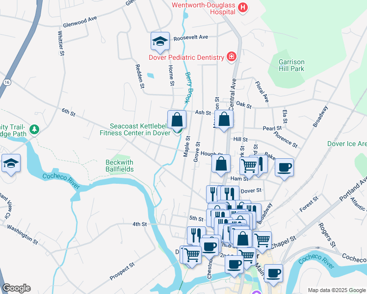 map of restaurants, bars, coffee shops, grocery stores, and more near 32 Hough Street in Dover