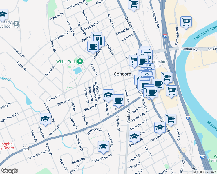 map of restaurants, bars, coffee shops, grocery stores, and more near 42 Rumford Street in Concord