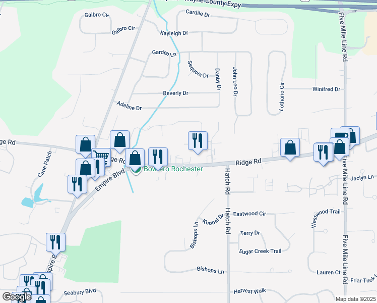 map of restaurants, bars, coffee shops, grocery stores, and more near 680 Ridge Road in Webster