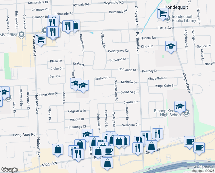 map of restaurants, bars, coffee shops, grocery stores, and more near 57 Minocqua Drive in Rochester