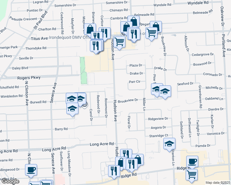 map of restaurants, bars, coffee shops, grocery stores, and more near 2011 Hudson Avenue in Rochester