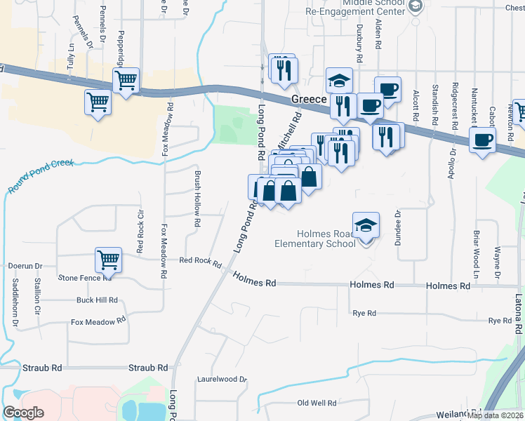 map of restaurants, bars, coffee shops, grocery stores, and more near 500 Greece Ridge Center Drive in Rochester