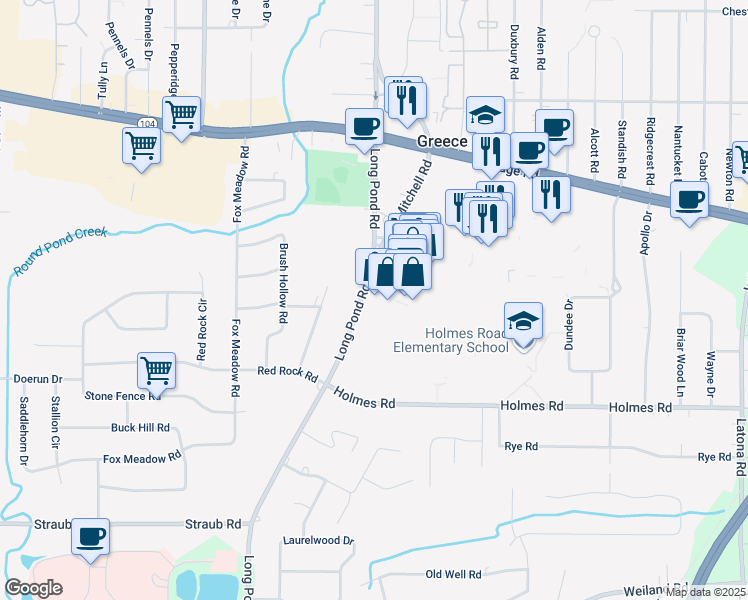 map of restaurants, bars, coffee shops, grocery stores, and more near 500 Greece Ridge Center Drive in Rochester