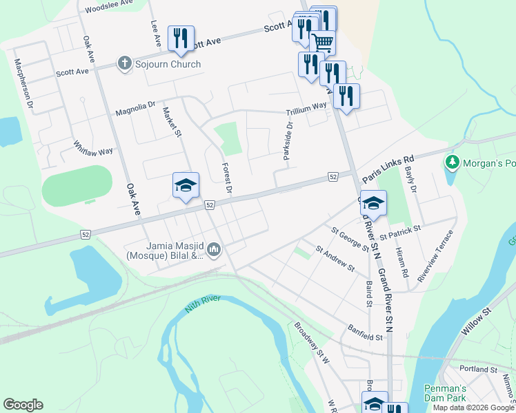 map of restaurants, bars, coffee shops, grocery stores, and more near 6 Adams Street in Brant
