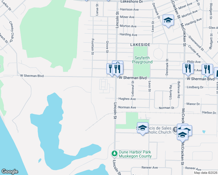 map of restaurants, bars, coffee shops, grocery stores, and more near 2687 Lincoln Street in Norton Shores