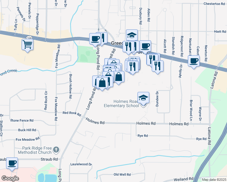 map of restaurants, bars, coffee shops, grocery stores, and more near 304 Greece Ridge Center Drive in Rochester
