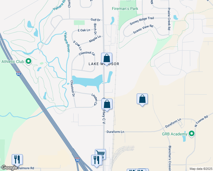 map of restaurants, bars, coffee shops, grocery stores, and more near 6526 Lake Road in Windsor