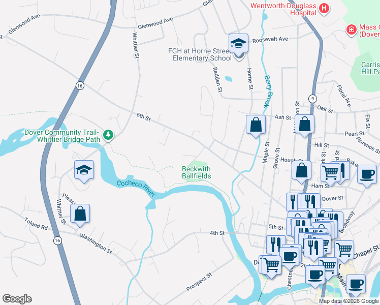 map of restaurants, bars, coffee shops, grocery stores, and more near 12 Hillside Drive in Dover