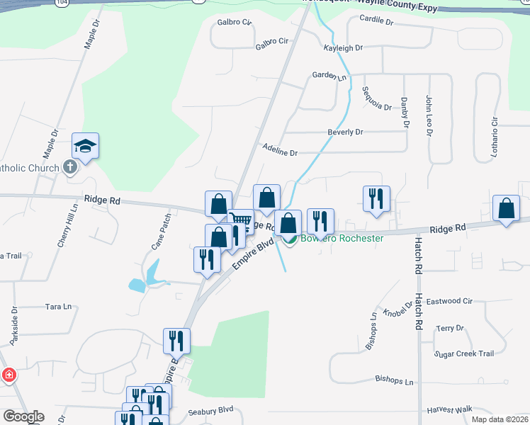 map of restaurants, bars, coffee shops, grocery stores, and more near 618 Ridge Road in Webster